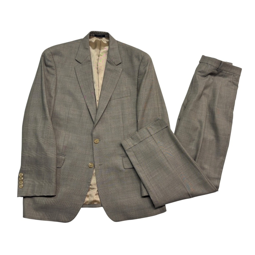 Ralph Lauren 40R 34x30 Taupe Glen Plaid 2pc Pant Suit Wool Pleated Cuffed
